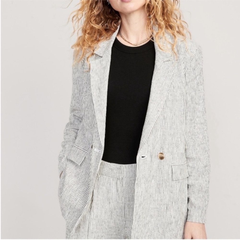 Old Navy Linen Blend Charcoal Gray White Double Breasted Pinstripe Blazer Jacket